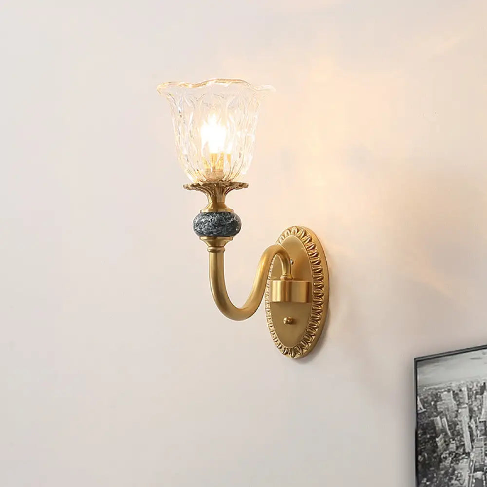 Vintage Brass Flower Bedroom Led Wall Sconce With Clear Glass - Mounted Lighting 1 /