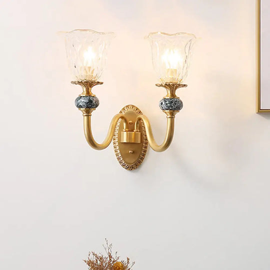 Vintage Brass Flower Bedroom Led Wall Sconce With Clear Glass - Mounted Lighting 2 /