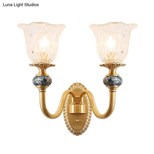 Vintage Brass Flower Bedroom Led Wall Sconce With Clear Glass - Mounted Lighting