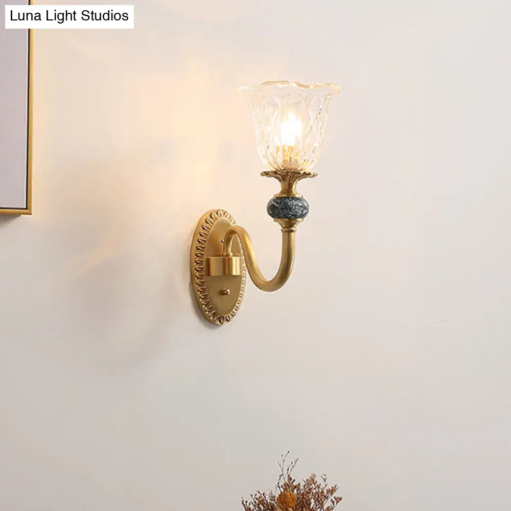 Vintage Brass Flower Bedroom Led Wall Sconce With Clear Glass - Mounted Lighting