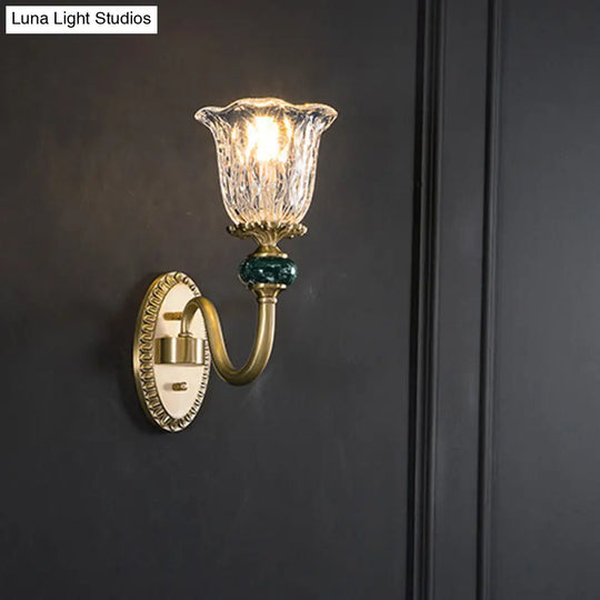 Vintage Brass Flower Bedroom Led Wall Sconce With Clear Glass - Mounted Lighting