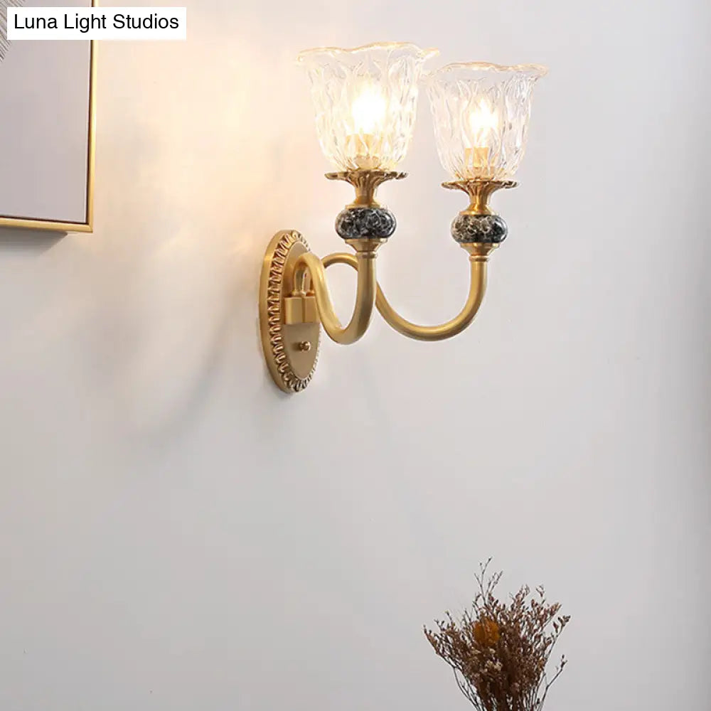 Vintage Brass Flower Bedroom Led Wall Sconce With Clear Glass - Mounted Lighting