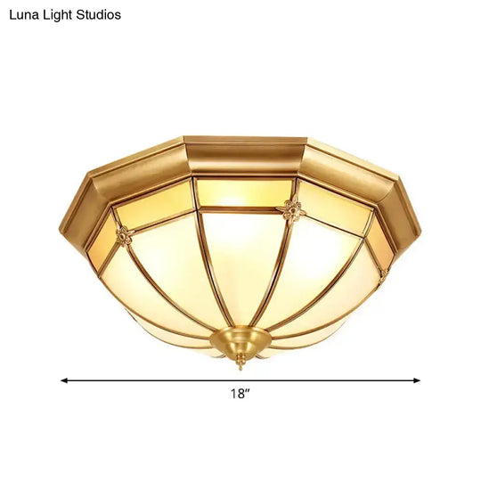 Vintage Brass Flush Light With Frosted Glass Panels - 3/4/6 Lights Octagonal Design