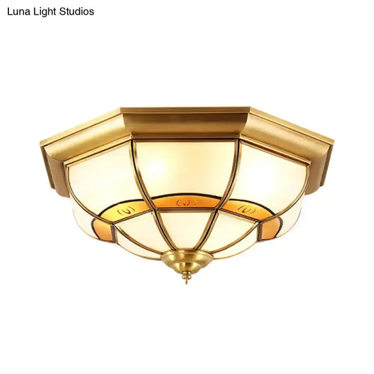 Vintage Brass Flush Light With Frosted Glass Panels - 3/4/6 Lights Octagonal Design