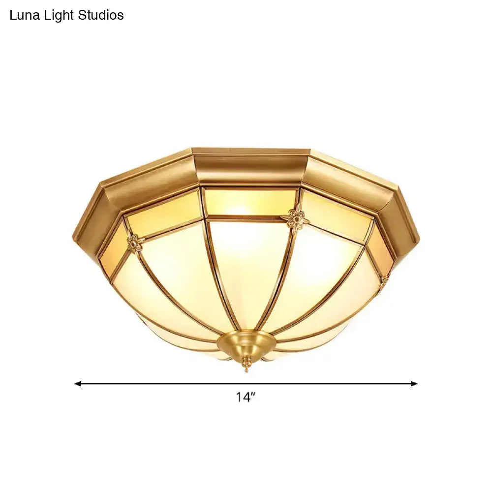 Vintage Brass Flush Light With Frosted Glass Panels - 3/4/6 Lights Octagonal Design