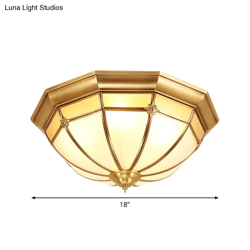 Vintage Brass Flush Light With Frosted Glass Panels - 3/4/6 Lights Octagonal Design