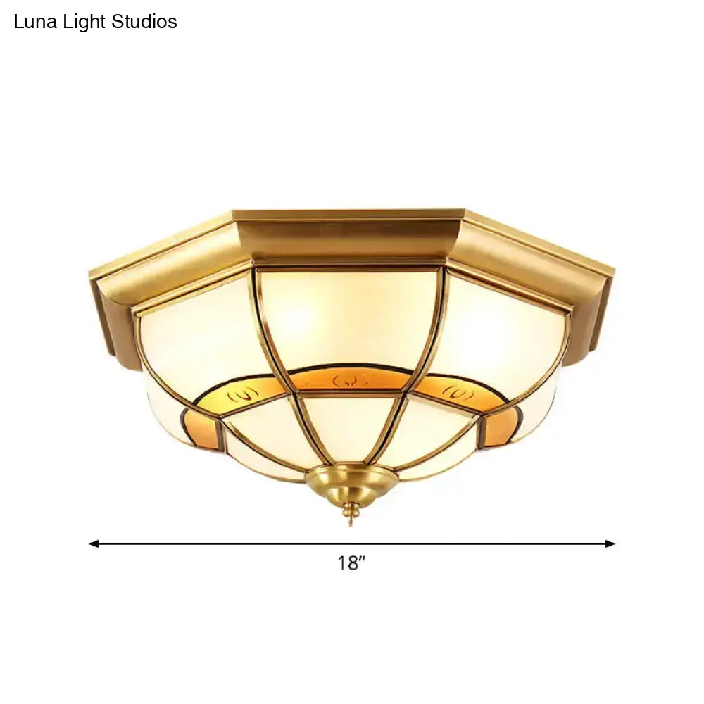 Vintage Brass Flush Light With Frosted Glass Panels - 3/4/6 Lights Octagonal Design