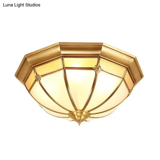 Vintage Brass Flush Light With Frosted Glass Panels - 3/4/6 Lights Octagonal Design