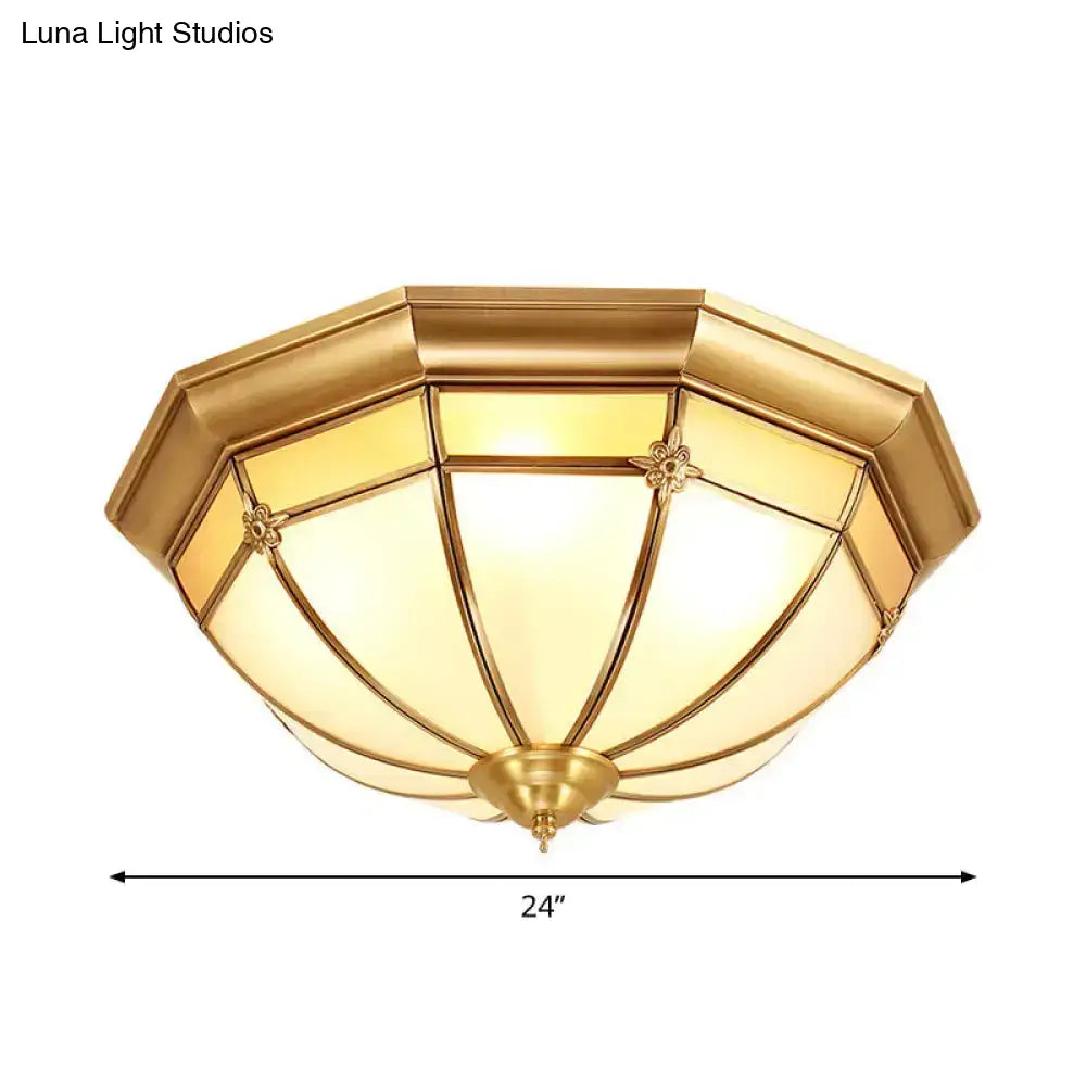 Vintage Brass Flush Light With Frosted Glass Panels - 3/4/6 Lights Octagonal Design