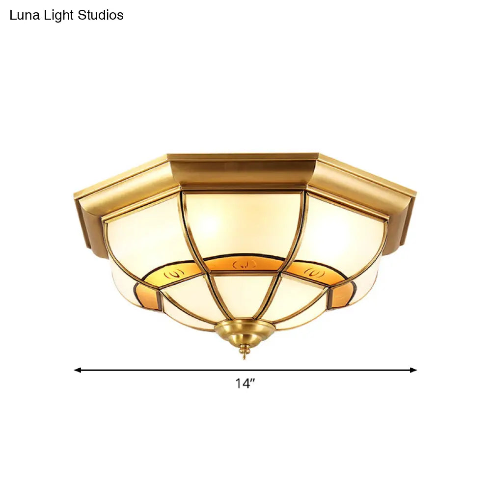 Vintage Brass Flush Light With Frosted Glass Panels - 3/4/6 Lights Octagonal Design