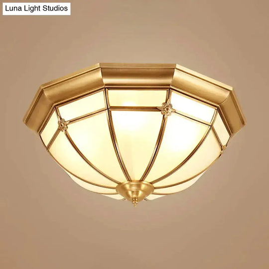 Vintage Brass Flush Light With Frosted Glass Panels - 3/4/6 Lights Octagonal Design