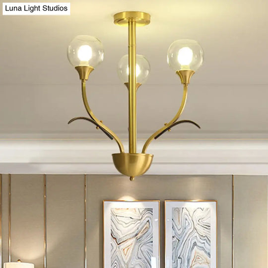 Vintage Brass Flushmount Chandelier With Clear Glass 3/6 Heads - Perfect For Sitting Rooms