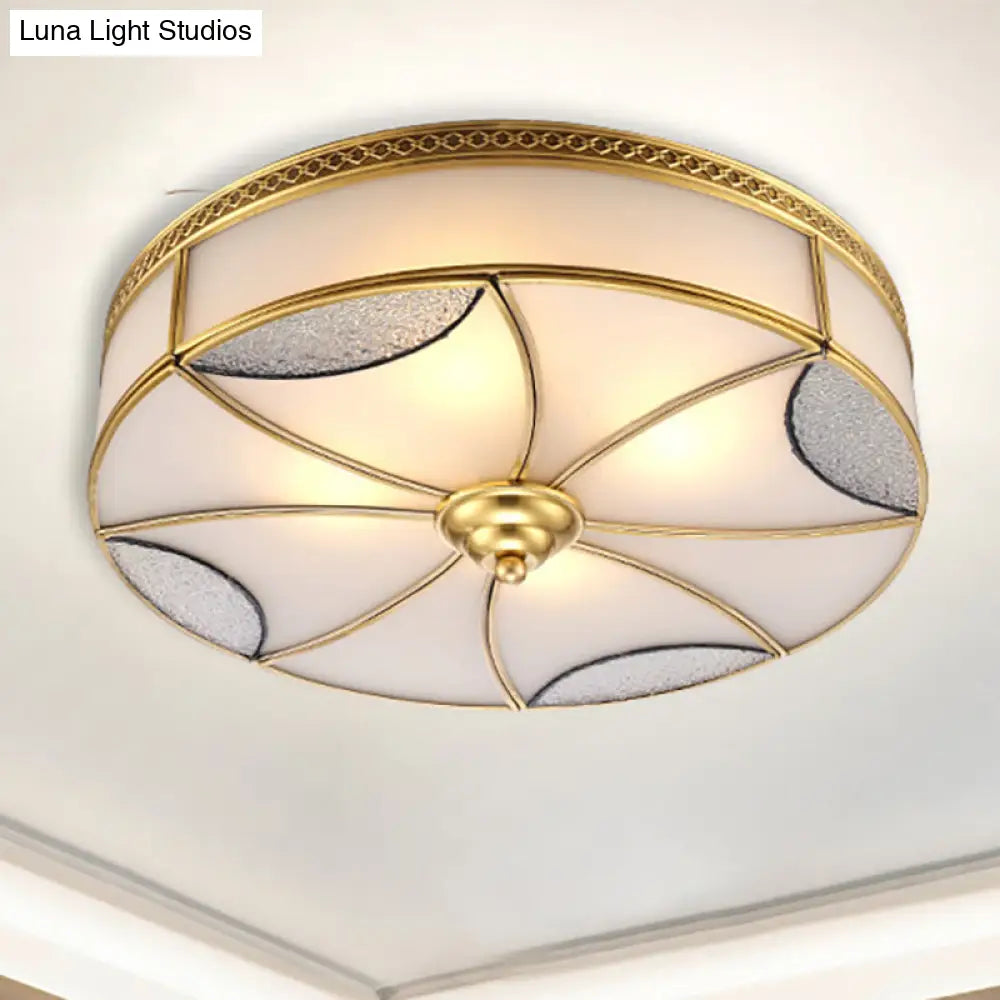 Vintage Brass Flushmount Light With Frosted Glass - 4 Lights Round Ceiling Mount For Living Room