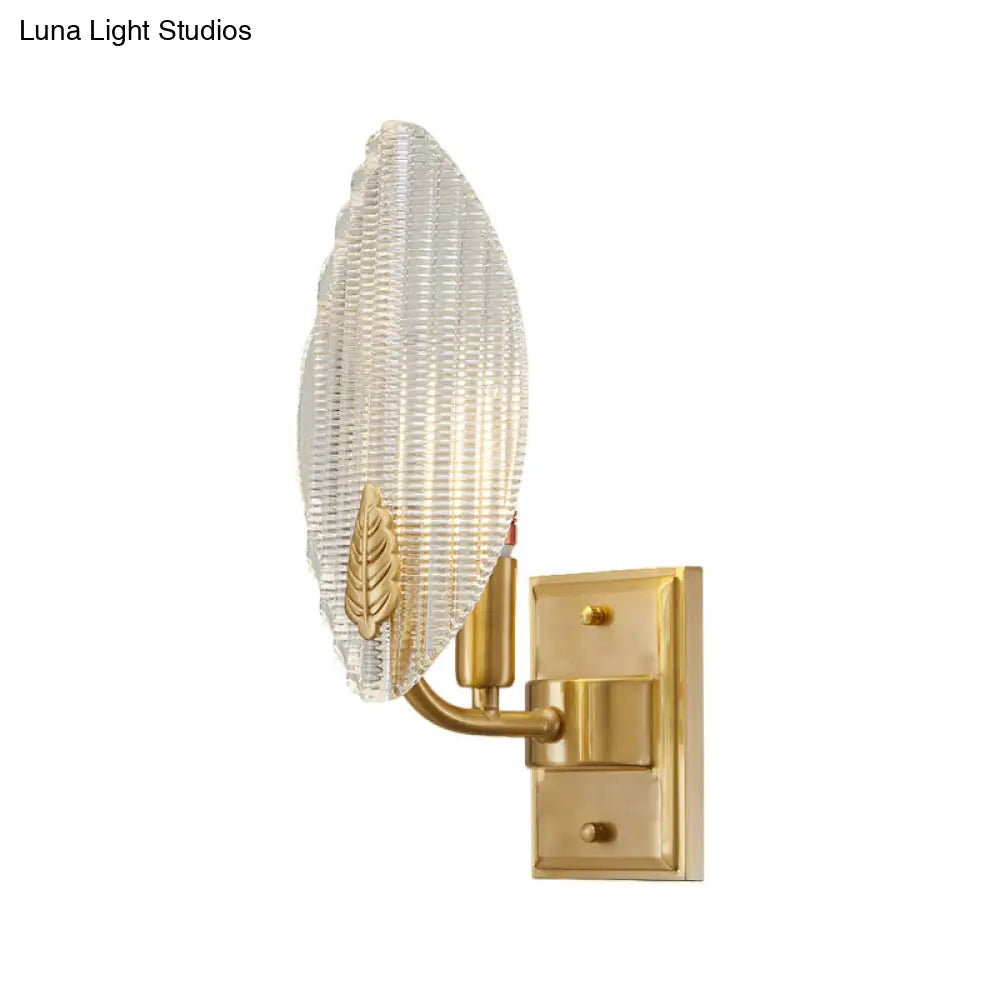 Vintage Brass Leaf-Shaped Wall Sconce Light With Clear Fluted Glass - Unique Lighting Idea