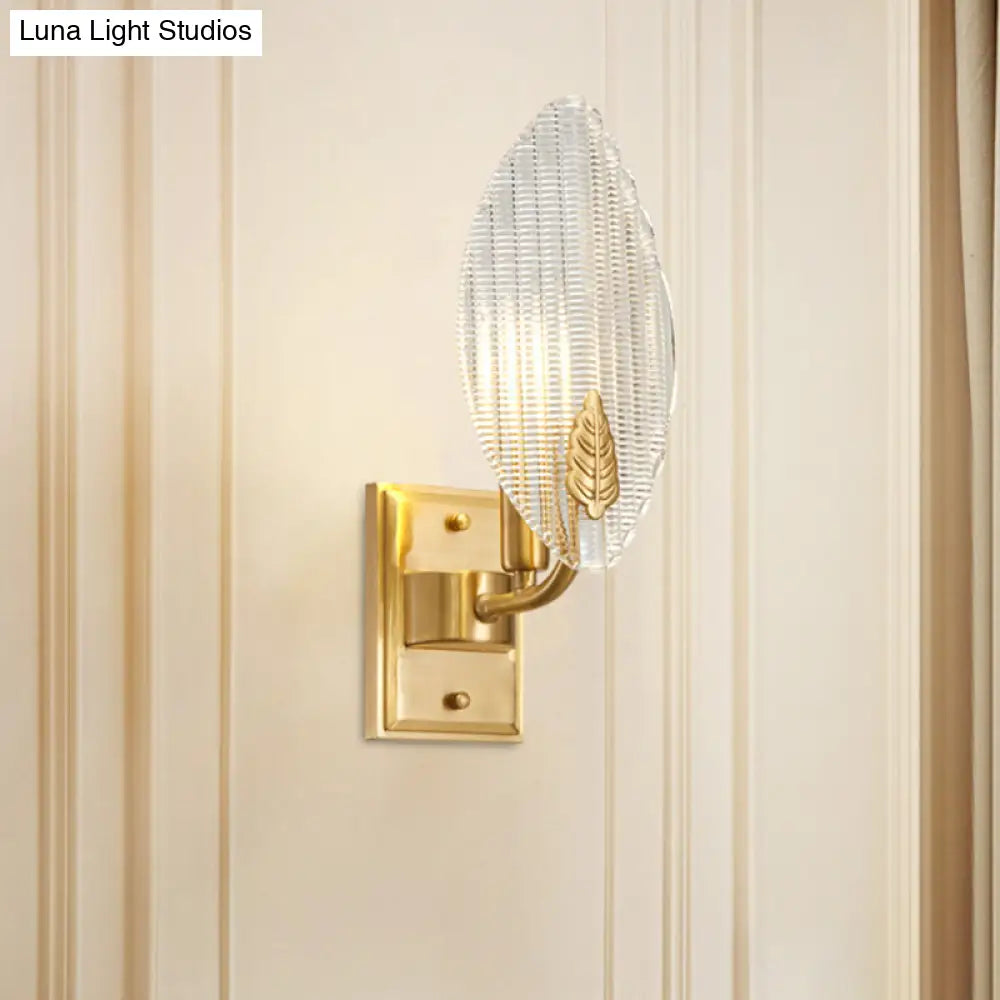 Vintage Brass Leaf-Shaped Wall Sconce Light With Clear Fluted Glass - Unique Lighting Idea