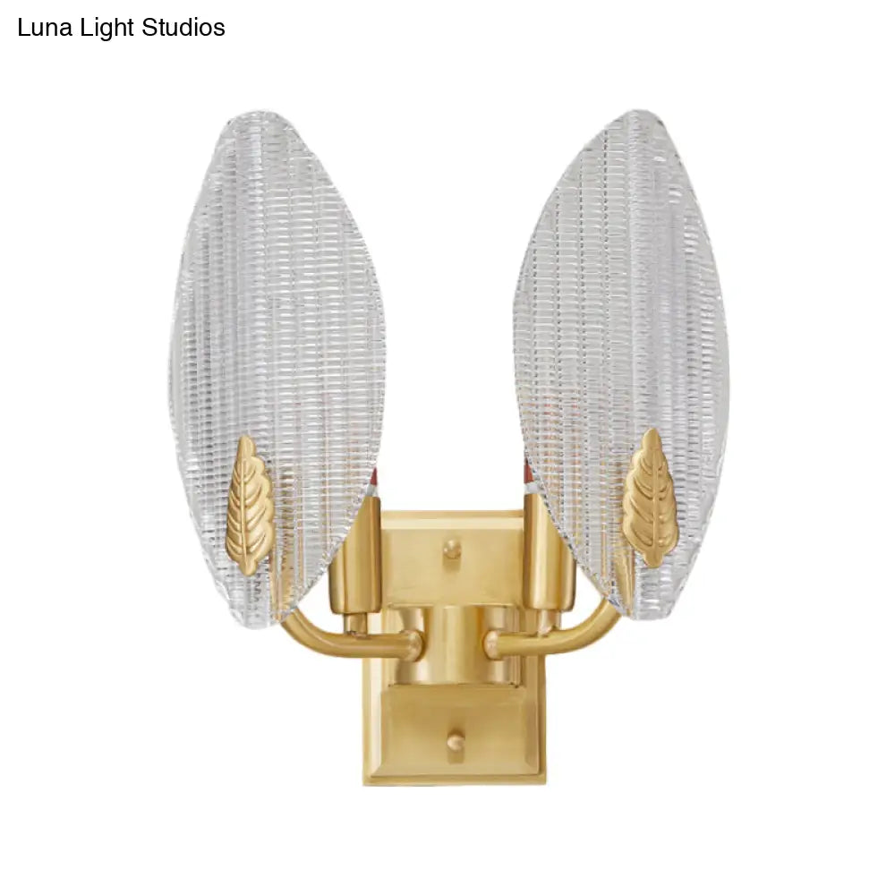 Vintage Brass Leaf-Shaped Wall Sconce Light With Clear Fluted Glass - Unique Lighting Idea