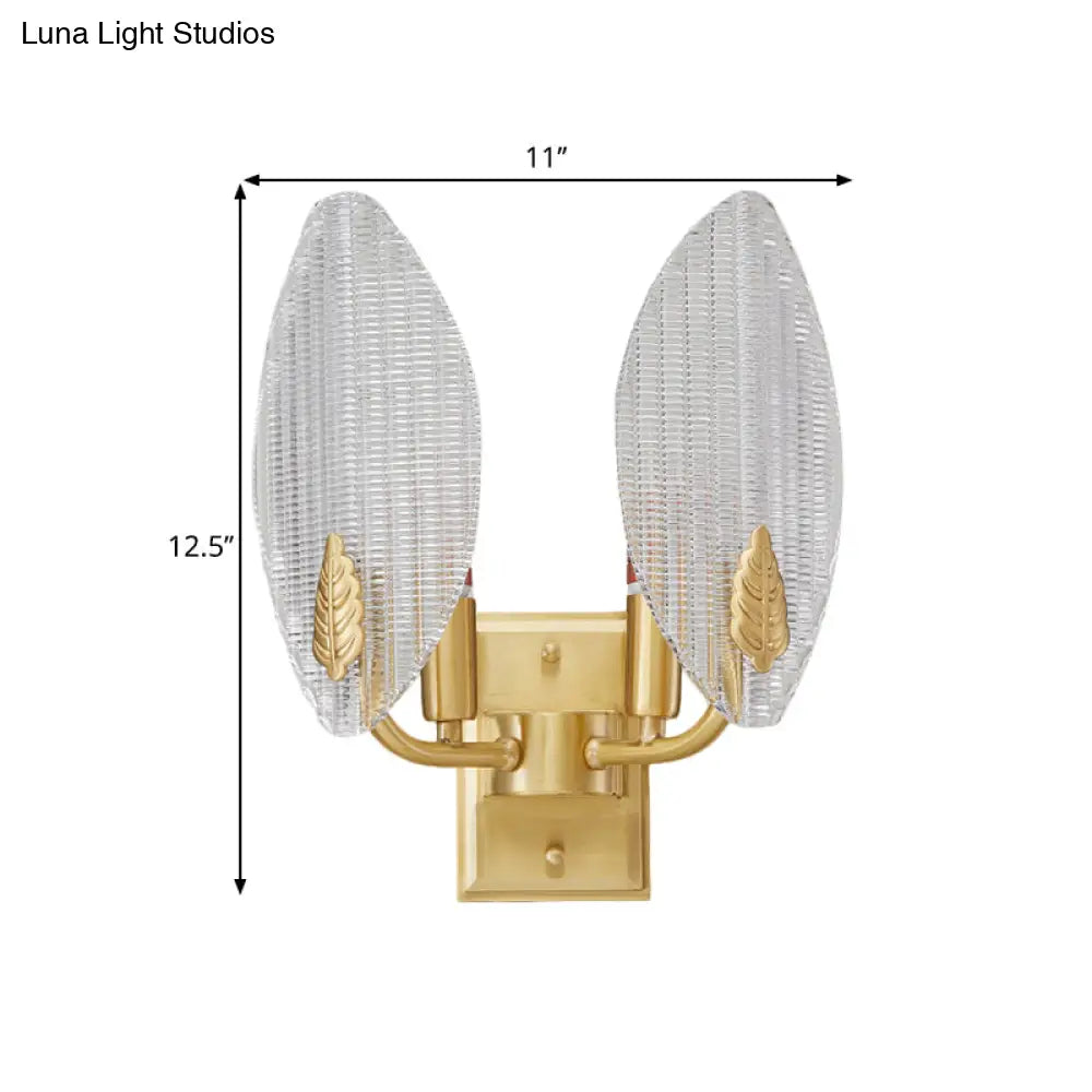 Vintage Brass Leaf-Shaped Wall Sconce Light With Clear Fluted Glass - Unique Lighting Idea