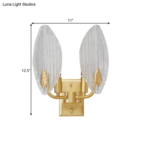 Vintage Brass Leaf-Shaped Wall Sconce Light With Clear Fluted Glass - Unique Lighting Idea