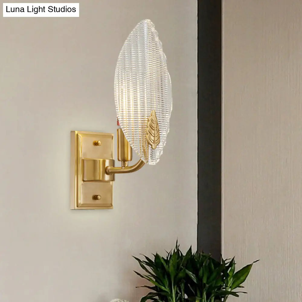 Vintage Brass Leaf-Shaped Wall Sconce Light With Clear Fluted Glass - Unique Lighting Idea