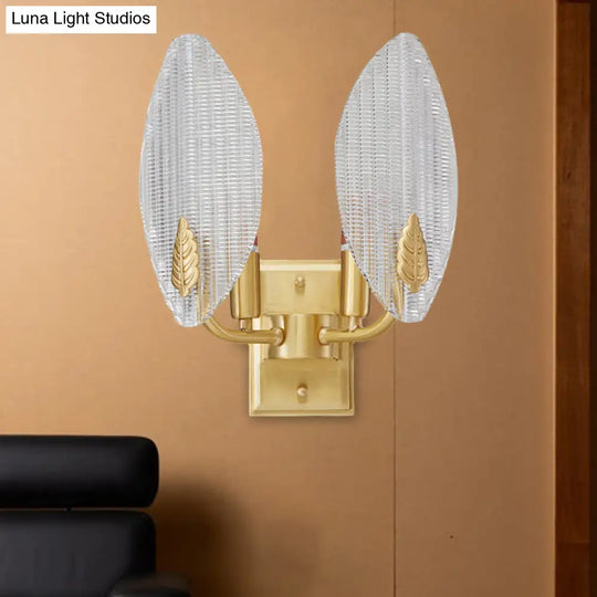 Vintage Brass Leaf-Shaped Wall Sconce Light With Clear Fluted Glass - Unique Lighting Idea