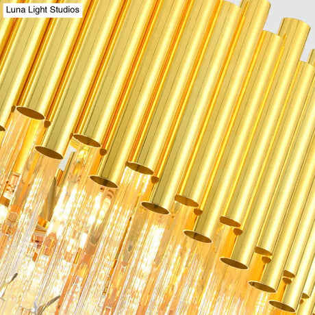 Vintage Brass Metal Chandelier With Crystal Block Round Shade Pendant Lamp - Multi-Light