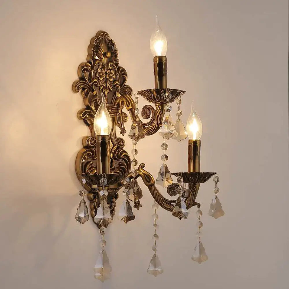 Vintage Brass Metal Sconce Light With Crystal Drip Accents - 3 Heads Candle Wall Fixture