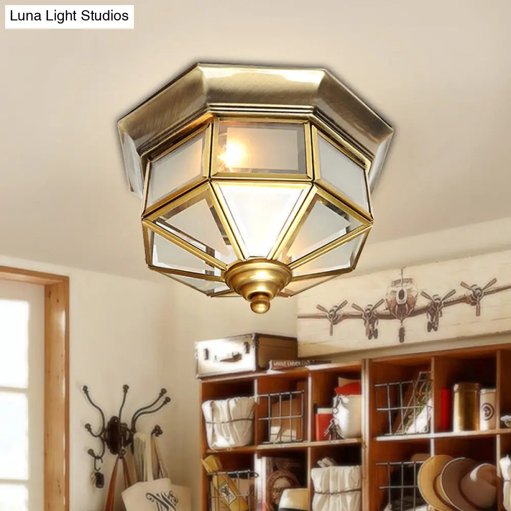 Vintage Brass Octagon Flush Ceiling Light With Frosted Glass 2 Lights 13/15 W - Ideal For Living