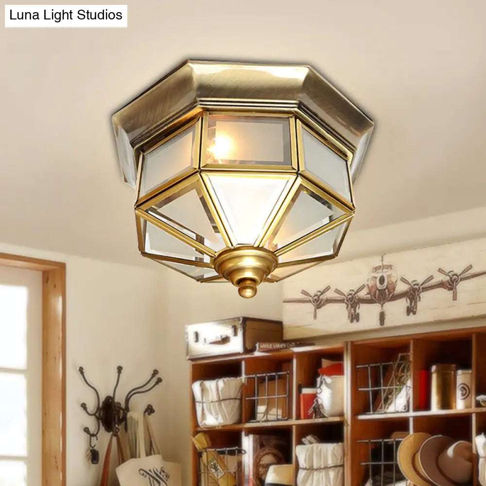Vintage Brass Octagon Flush Ceiling Light With Frosted Glass 2 Lights 13’/15’ W - Ideal For