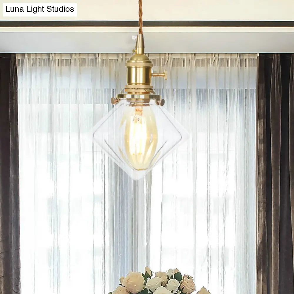 Vintage Brass Pendant Light: Single Light Gem Suspension With Ribbed Glass