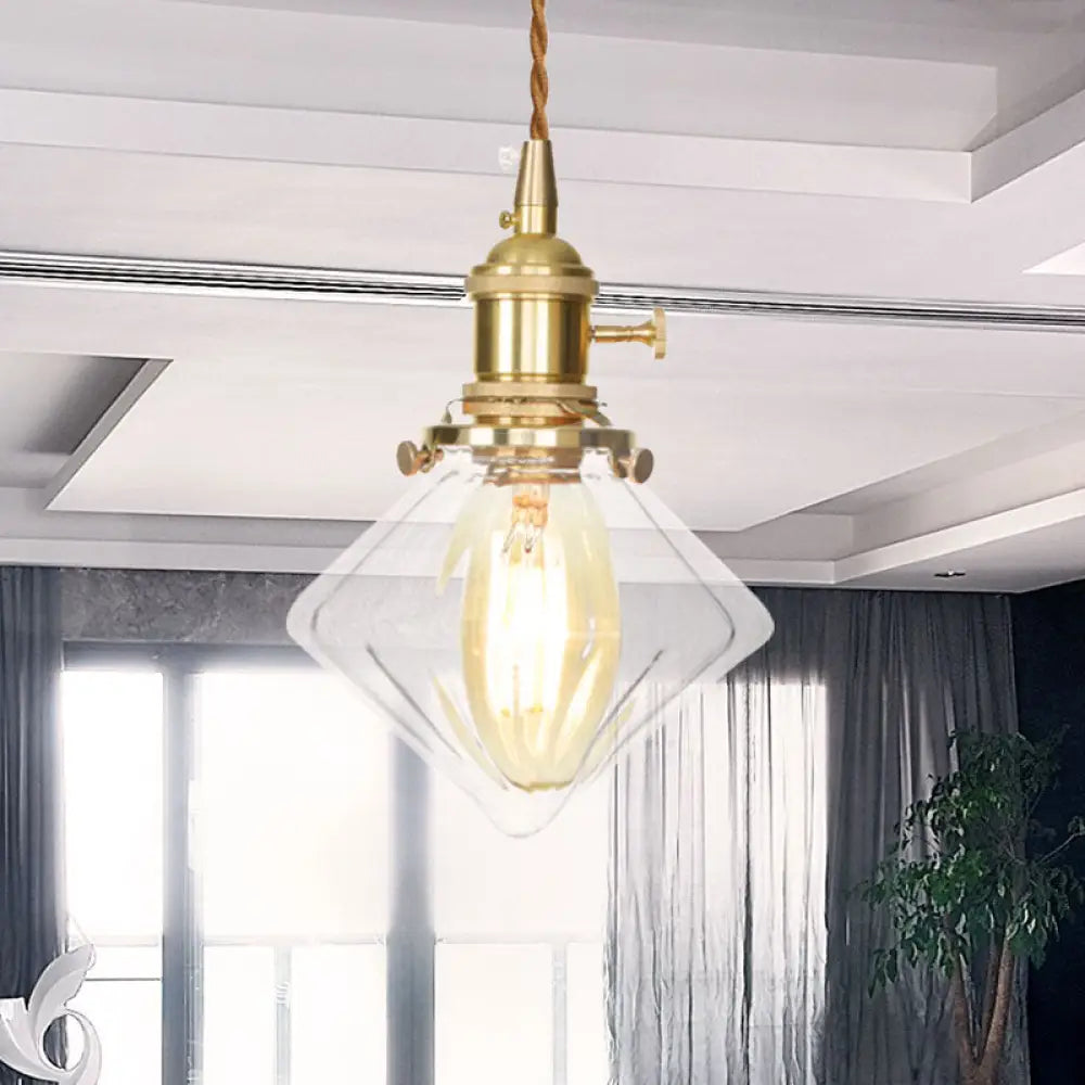 Vintage Brass Pendant Light: Single Light Gem Suspension With Ribbed Glass Clear / 1