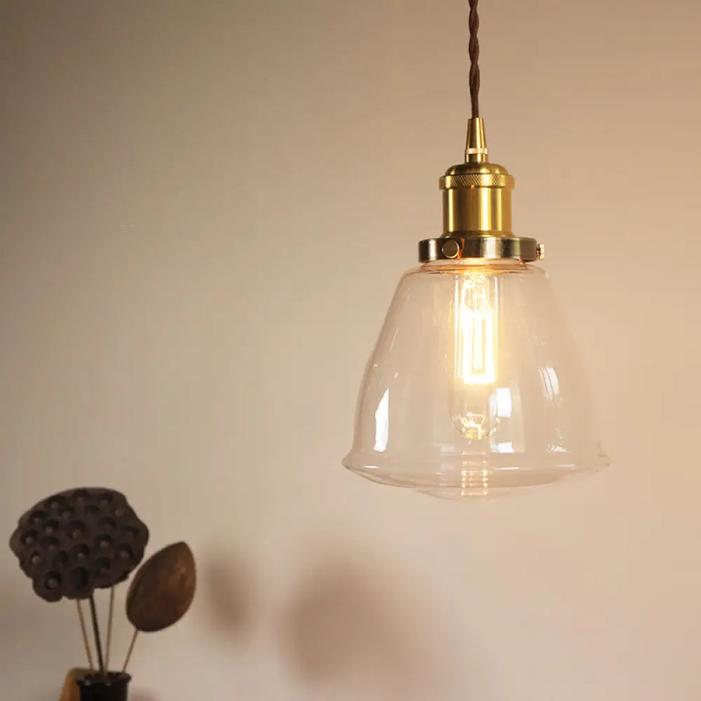 Vintage Brass Pendant Light With Clear Glass Cone - Ceiling Lamp Fixture