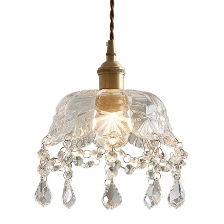 Vintage Brass Pendant Light With Clear Glass Shade And Crystal Drip - Floral Inspired Dining Room
