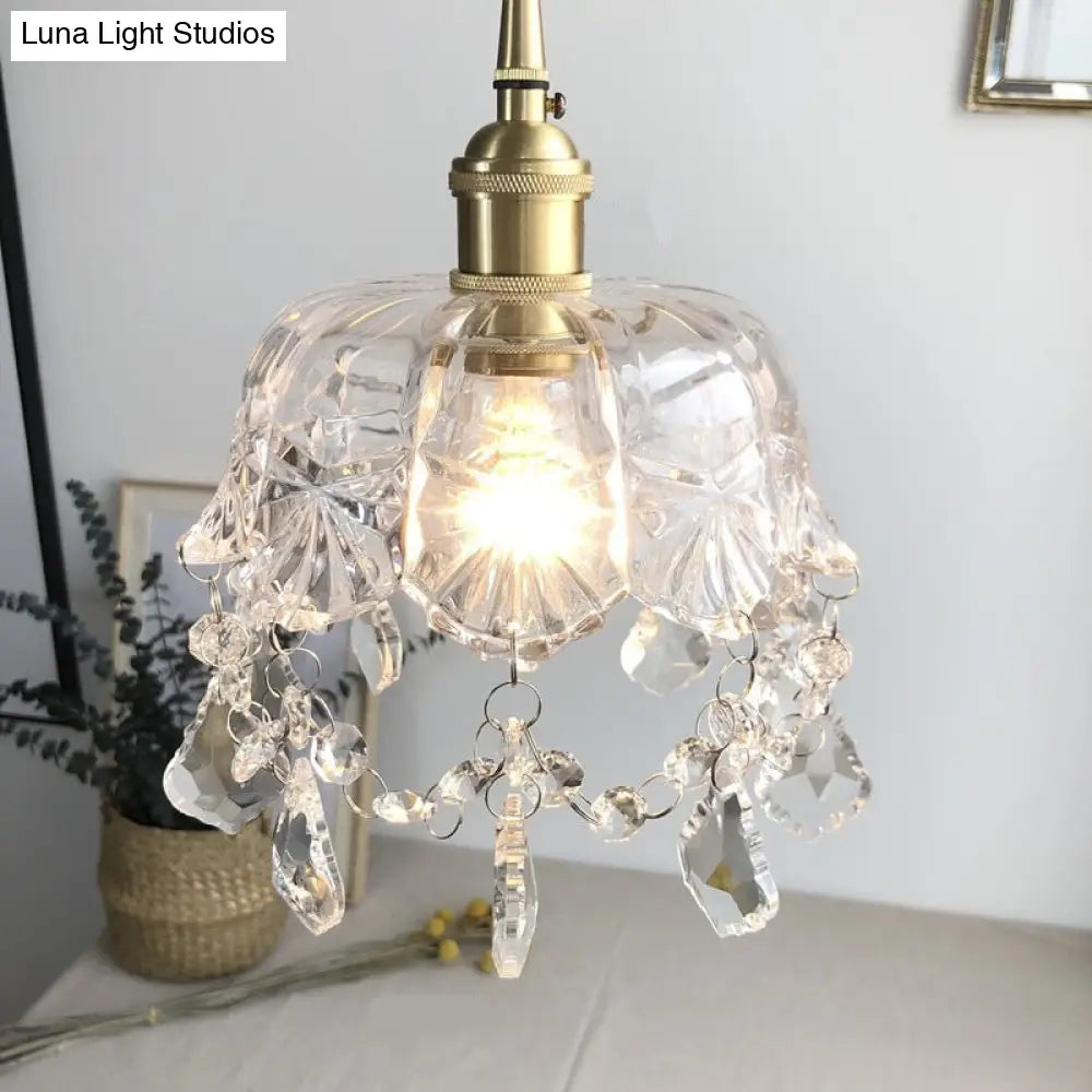 Vintage Brass Pendant Light With Clear Glass Shade And Crystal Drip - Floral Inspired Dining Room