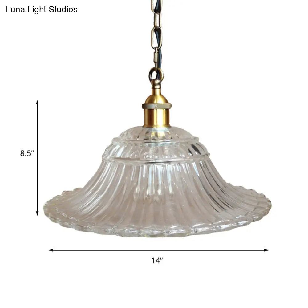 Vintage Brass Ribbed Glass Scalloped Pendant Light With 1-Light Hanging Ceiling Fixture