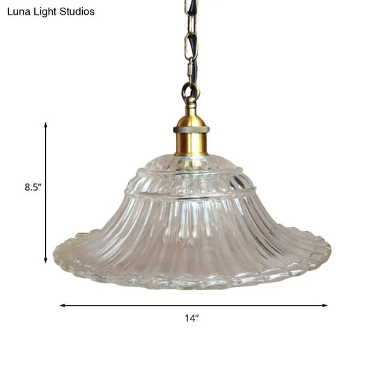 Vintage Brass Ribbed Glass Scalloped Pendant Light With 1-Light Hanging Ceiling Fixture