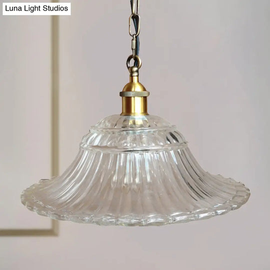 Vintage Brass Ribbed Glass Scalloped Pendant Ceiling Light Fixture - 1-Light Hanging