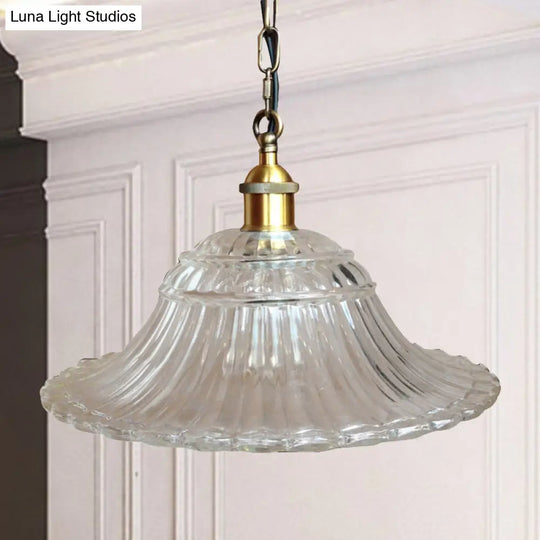 Vintage Brass Ribbed Glass Scalloped Pendant Ceiling Light Fixture - 1-Light Hanging