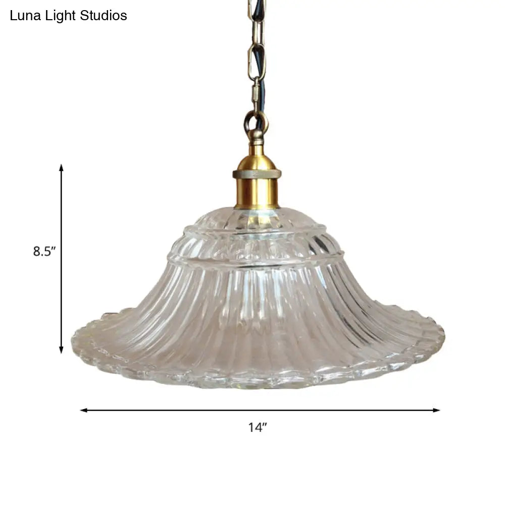 Vintage Brass Ribbed Glass Scalloped Pendant Ceiling Light Fixture - 1-Light Hanging