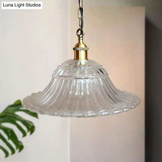 Vintage Brass Ribbed Glass Scalloped Pendant Light With 1-Light Hanging Ceiling Fixture