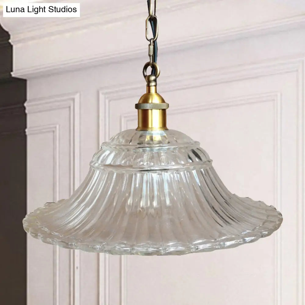 Vintage Brass Ribbed Glass Scalloped Pendant Light With 1-Light Hanging Ceiling Fixture