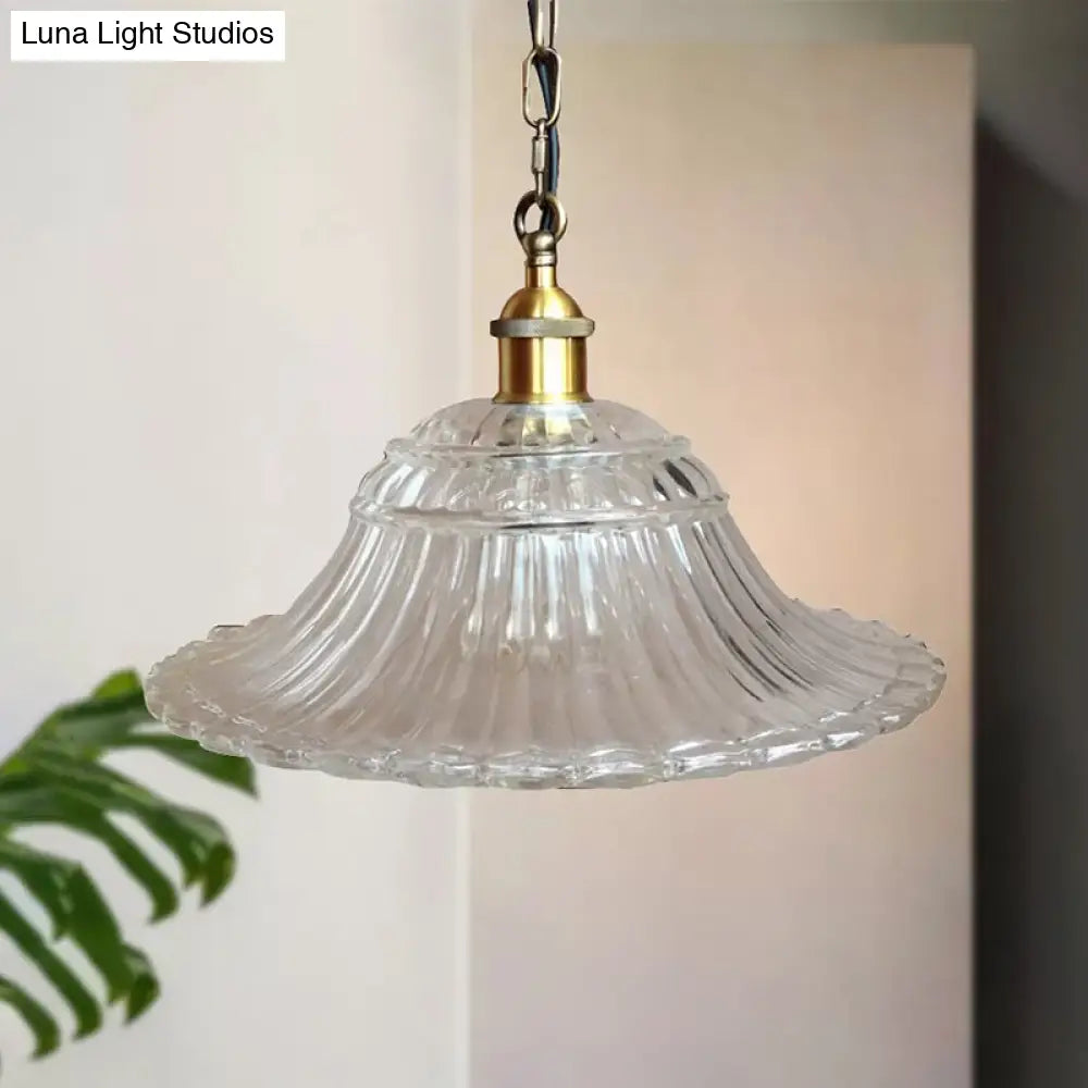 Vintage Brass Ribbed Glass Scalloped Pendant Ceiling Light Fixture - 1-Light Hanging