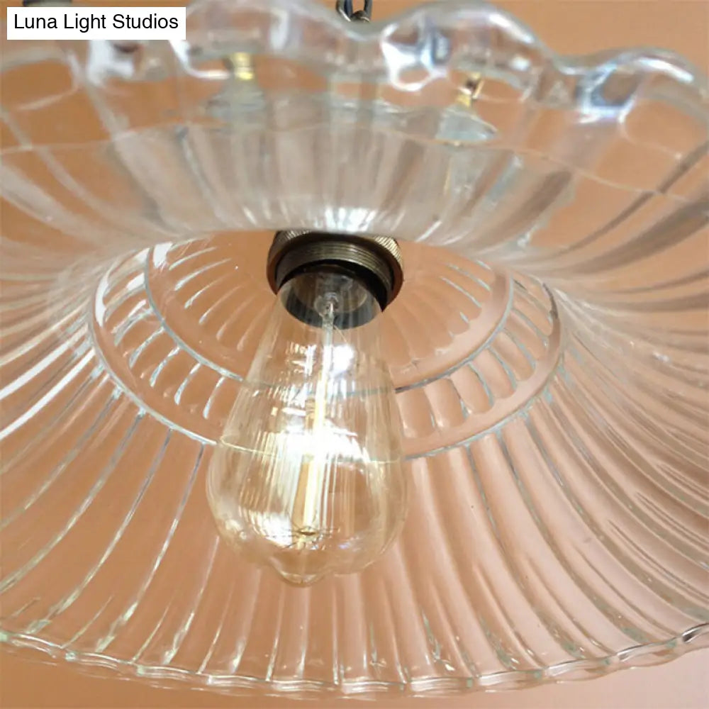 Vintage Brass Ribbed Glass Scalloped Pendant Light With 1-Light Hanging Ceiling Fixture