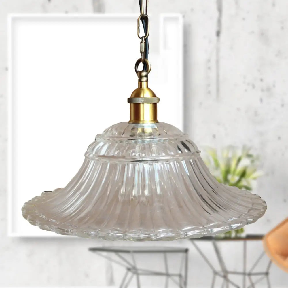 Vintage Brass Ribbed Glass Scalloped Pendant Ceiling Light Fixture - 1-Light Hanging Clear
