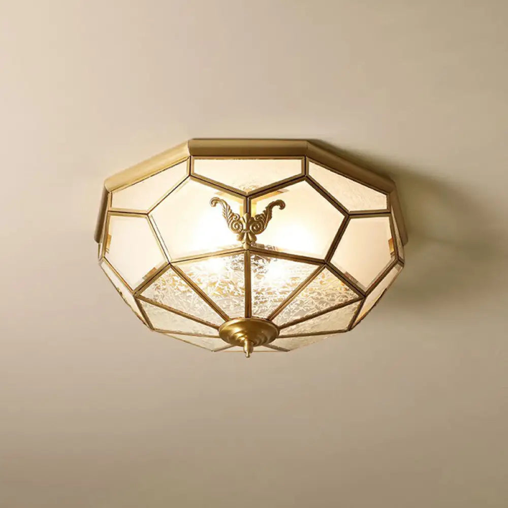 Vintage Brass Round Frosted Glass Flush - Mount Bedroom Ceiling Light Fixture / 14’