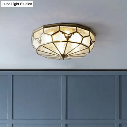 Vintage Brass Round Frosted Glass Flush-Mount Bedroom Ceiling Light Fixture