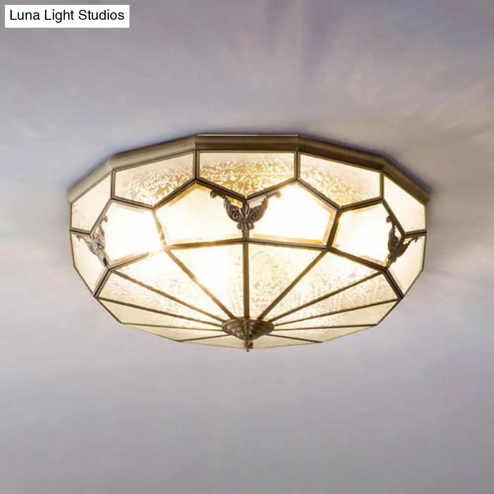 Vintage Brass Round Frosted Glass Flush-Mount Bedroom Ceiling Light Fixture