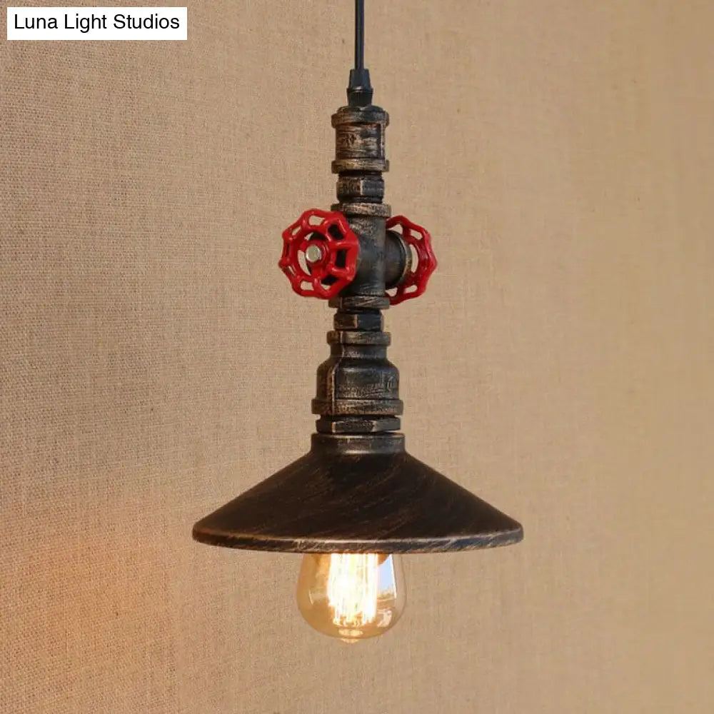 Antique Brass Saucer Pendant Light With Red Valve Deco - Stylish Wrought Iron Ceiling Fixture For
