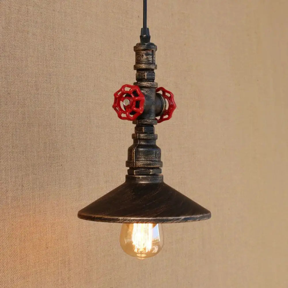 Vintage Brass Saucer Pendant Light With Accentuated Red Valve Deco – Ideal For Dining Room Antique
