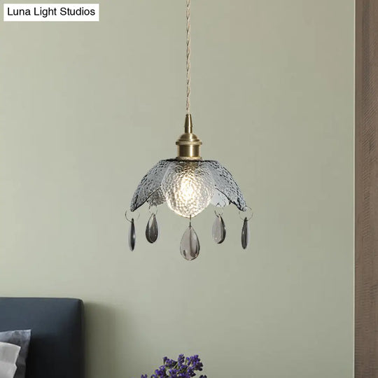 Vintage Brass Scalloped Bowl Pendant Lamp - Clear/Smoke Gray Water Glass 1 Bulb Hanging Lighting