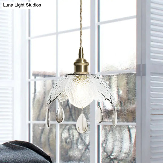 Vintage Brass Scalloped Bowl Pendant Lamp - Clear/Smoke Gray Water Glass 1 Bulb Hanging Lighting